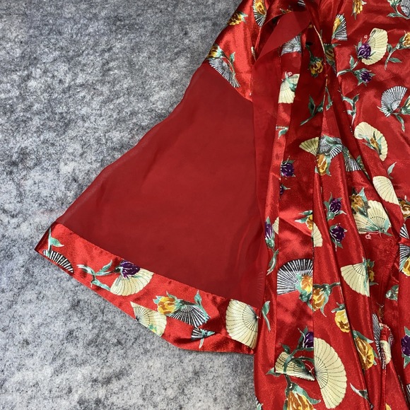 Vintage‎ Delicates Robe Women's XL Red Floral Asian Fan Sensu Sheer Sleeve Y2K - Picture 7 of 9
